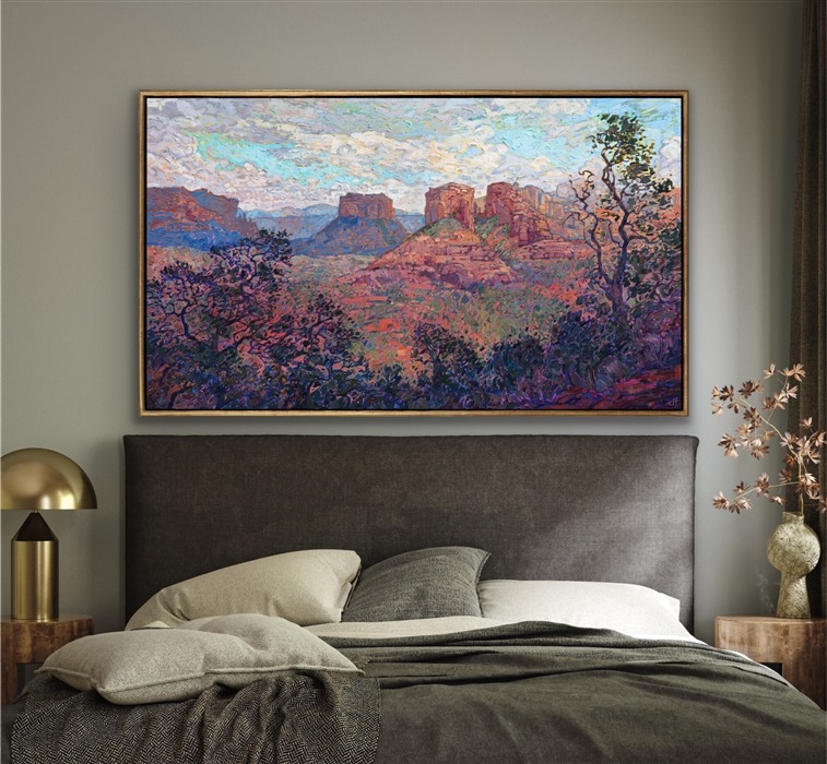 The beautiful red rock vista of Sedona stretches across the horizon, bathing the eyes in sun-drenched color.  The thickly applied brush strokes are loose and impressionistic, capturing the brisk feeling of standing on the edge of the butte and looking out across the valley.</p><p>This painting was created on 1-1/2" canvas, with the painting continued around the edges.  The piece has been framed in a carved gold open impressionist frame.</p><p>This painting exhibited in <a href="https://www.erinhanson.com/Event/redrock2018" target=_blank"><i>The Red Rock Show</i></a> in San Diego in the summer of 2018.  <a href="https://www.erinhanson.com/Portfolio?col=The_Red_Rock_Show_2018" target="_blank"><u>Click here</u></a> to view the other Red Rock paintings.