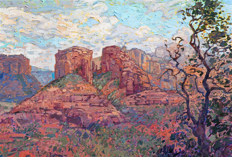 The beautiful red rock vista of Sedona stretches across the horizon, bathing the eyes in sun-drenched color.  The thickly applied brush strokes are loose and impressionistic, capturing the brisk feeling of standing on the edge of the butte and looking out across the valley.</p><p>This painting was created on 1-1/2" canvas, with the painting continued around the edges.  The piece has been framed in a carved gold open impressionist frame.</p><p>This painting exhibited in <a href="https://www.erinhanson.com/Event/redrock2018" target=_blank"><i>The Red Rock Show</i></a> in San Diego in the summer of 2018.  <a href="https://www.erinhanson.com/Portfolio?col=The_Red_Rock_Show_2018" target="_blank"><u>Click here</u></a> to view the other Red Rock paintings.