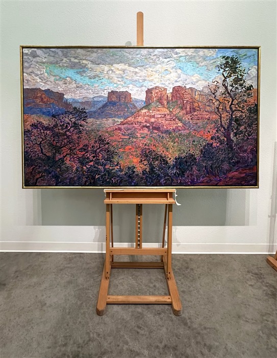 The beautiful red rock vista of Sedona stretches across the horizon, bathing the eyes in sun-drenched color.  The thickly applied brush strokes are loose and impressionistic, capturing the brisk feeling of standing on the edge of the butte and looking out across the valley.</p><p>This painting was created on 1-1/2" canvas, with the painting continued around the edges.  The piece has been framed in a carved gold open impressionist frame.</p><p>This painting exhibited in <a href="https://www.erinhanson.com/Event/redrock2018" target=_blank"><i>The Red Rock Show</i></a> in San Diego in the summer of 2018.  <a href="https://www.erinhanson.com/Portfolio?col=The_Red_Rock_Show_2018" target="_blank"><u>Click here</u></a> to view the other Red Rock paintings.
