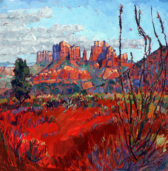 Sedona in all its red glory. The brush strokes are thick and impressionistic.