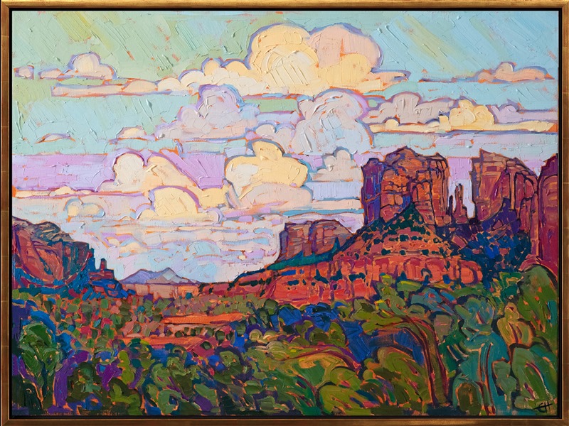 Sedona is captured here in all the colors of Arizona: rich reds and orange cliffs cast purple and blue shadows, a beautiful contrast to the evergreens and cottonwood trees. The sky is filled with larger-than-life billowing clouds. The scene is painted in thick, impressionistic brush strokes, in a contemporary style known as "open impressionism."</p><p>"Sedona Sky" was created on 1-1/2" canvas, with the painting continued around the edges. The piece arrives framed in a 23kt gold floater frame, pictured above.