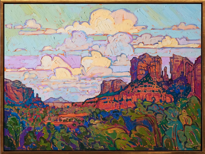 Sedona is captured here in all the colors of Arizona: rich reds and orange cliffs cast purple and blue shadows, a beautiful contrast to the evergreens and cottonwood trees. The sky is filled with larger-than-life billowing clouds. The scene is painted in thick, impressionistic brush strokes, in a contemporary style known as "open impressionism."</p><p>"Sedona Sky" was created on 1-1/2" canvas, with the painting continued around the edges. The piece arrives framed in a 23kt gold floater frame, pictured above.