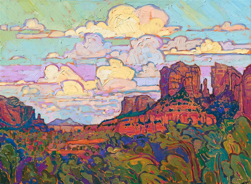 Sedona is captured here in all the colors of Arizona: rich reds and orange cliffs cast purple and blue shadows, a beautiful contrast to the evergreens and cottonwood trees. The sky is filled with larger-than-life billowing clouds. The scene is painted in thick, impressionistic brush strokes, in a contemporary style known as "open impressionism."</p><p>"Sedona Sky" was created on 1-1/2" canvas, with the painting continued around the edges. The piece arrives framed in a 23kt gold floater frame, pictured above.