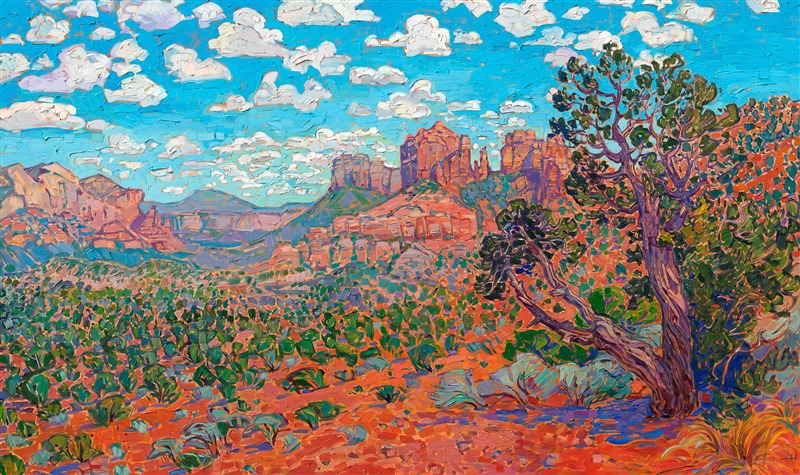The bold colors of Sedona's red rock landscape contrast with the bright turquoise blue of the sky. Thick brush strokes of oil paint capture the impression of this Arizona vista.