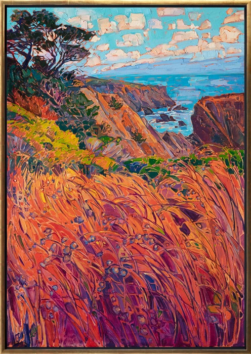 Warm colors of late summer catch the final rays of sunlight along the Mendocino coastline. The brush strokes are loose and impressionistic, capturing the movement of the coastal atmosphere. The summer grasses grow tall in the foreground, creating mosaic patterns with their crisscrossing strands.</p><p>"September Coast" was created on 1-1/2" canvas, with the painting continued around the edges. The painting arrives framed in a custom-made gold floater frame.