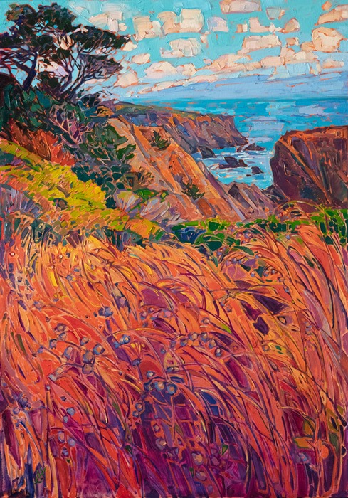 Warm colors of late summer catch the final rays of sunlight along the Mendocino coastline. The brush strokes are loose and impressionistic, capturing the movement of the coastal atmosphere. The summer grasses grow tall in the foreground, creating mosaic patterns with their crisscrossing strands.</p><p>"September Coast" was created on 1-1/2" canvas, with the painting continued around the edges. The painting arrives framed in a custom-made gold floater frame.