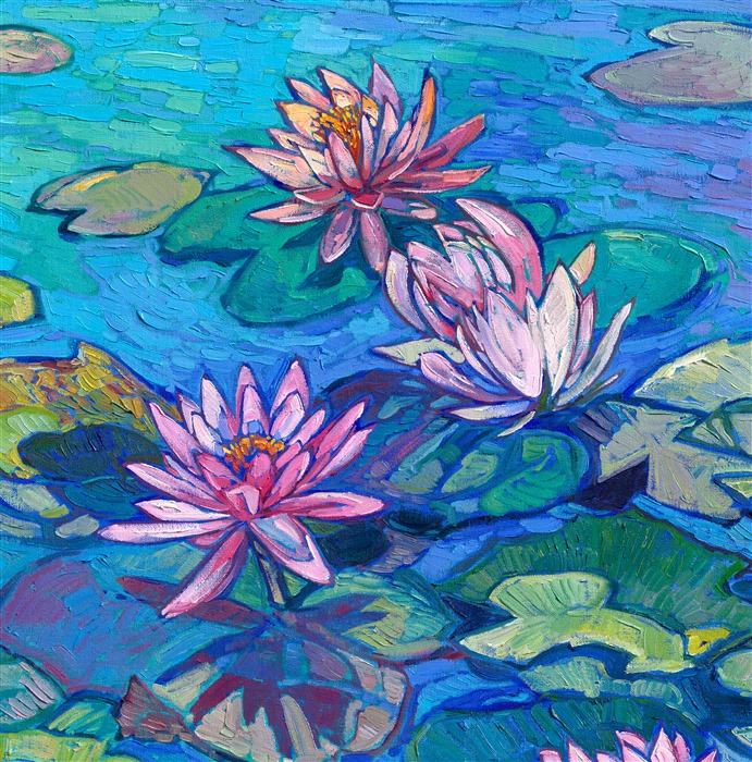After visiting Monet's garden in Giverny last summer, I traveled south in search of the original water lily gardens that first inspired Monet and supplied him with his water lily plants. The Latour-Mariac water lily farm was incredible--there were thousands of varieties and colors of water lilies--in fact, this is where the original non-white, cold-hardy water lilies were bred. The colorful pastel hues of the new varieties became hugely popular across Europe, and Monet played a large part in popularizing their delicate blooms. To me, this painting of Latour-Mariac water lilies encapsulates the history of the water lily image in impressionism.</p><p>NOTE: "Seranade of Blooms" will be on display at the Four Seasons hotel in Las Vegas until May 18th, 2025. You may purchase this original painting now, and we will ship it to you at the end of May.