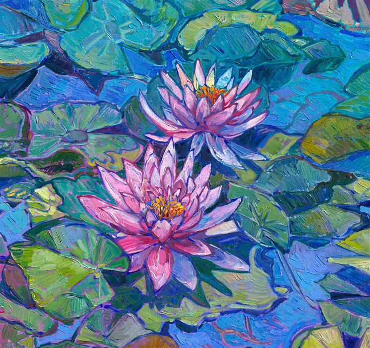 After visiting Monet's garden in Giverny last summer, I traveled south in search of the original water lily gardens that first inspired Monet and supplied him with his water lily plants. The Latour-Mariac water lily farm was incredible--there were thousands of varieties and colors of water lilies--in fact, this is where the original non-white, cold-hardy water lilies were bred. The colorful pastel hues of the new varieties became hugely popular across Europe, and Monet played a large part in popularizing their delicate blooms. To me, this painting of Latour-Mariac water lilies encapsulates the history of the water lily image in impressionism.</p><p>NOTE: "Seranade of Blooms" will be on display at the Four Seasons hotel in Las Vegas until May 18th, 2025. You may purchase this original painting now, and we will ship it to you at the end of May.