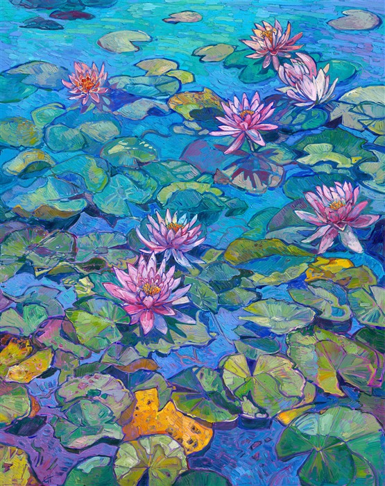 After visiting Monet's garden in Giverny last summer, I traveled south in search of the original water lily gardens that first inspired Monet and supplied him with his water lily plants. The Latour-Mariac water lily farm was incredible--there were thousands of varieties and colors of water lilies--in fact, this is where the original non-white, cold-hardy water lilies were bred. The colorful pastel hues of the new varieties became hugely popular across Europe, and Monet played a large part in popularizing their delicate blooms. To me, this painting of Latour-Mariac water lilies encapsulates the history of the water lily image in impressionism.

NOTE: "Seranade of Blooms" will be on display at the Four Seasons hotel in Las Vegas until May 18th, 2025. You may purchase this original painting now, and we will ship it to you at the end of May.