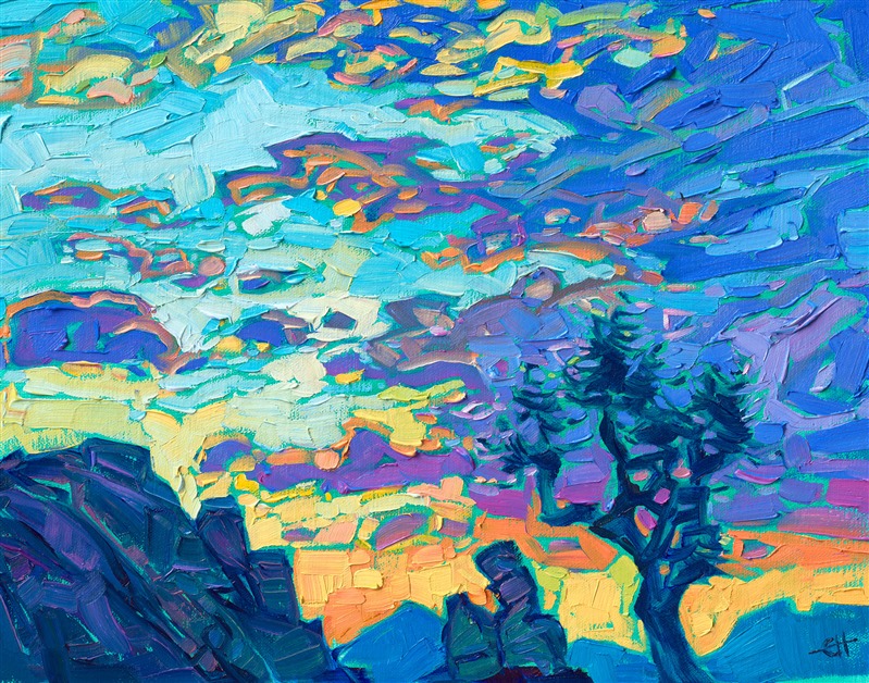 Joshua Tree National Park is captured in luscious colors of sunset blues with coppery undertones. Erin places brush strokes side-by-side, without layering, creating a highly textured mosaic of color across the canvas. </p><p>"Setting Clouds" is an original oil painting on linen board. The piece arrives framed in a black and gold plein air frame.