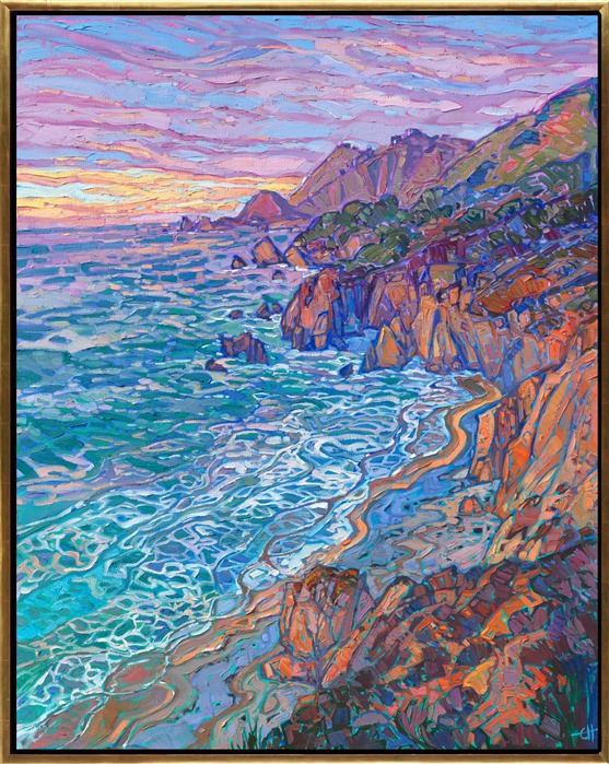 Warm colors of sunset illuminate the coastline near Big Sur, California. Thick, impressionistic brush strokes capture the movement and beauty of the scene. The ocean swirls in hues of blue, turquoise, and aquamarine.</p><p>"Setting Coast" is an original oil painting created on stretched canvas. The piece arrives framed in a gold floater frame, ready to hang.