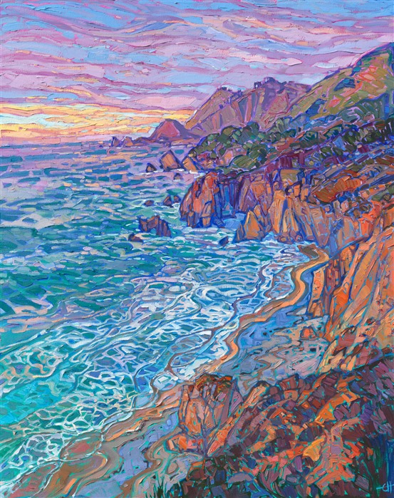 Warm colors of sunset illuminate the coastline near Big Sur, California. Thick, impressionistic brush strokes capture the movement and beauty of the scene. The ocean swirls in hues of blue, turquoise, and aquamarine.</p><p>"Setting Coast" is an original oil painting created on stretched canvas. The piece arrives framed in a gold floater frame, ready to hang.