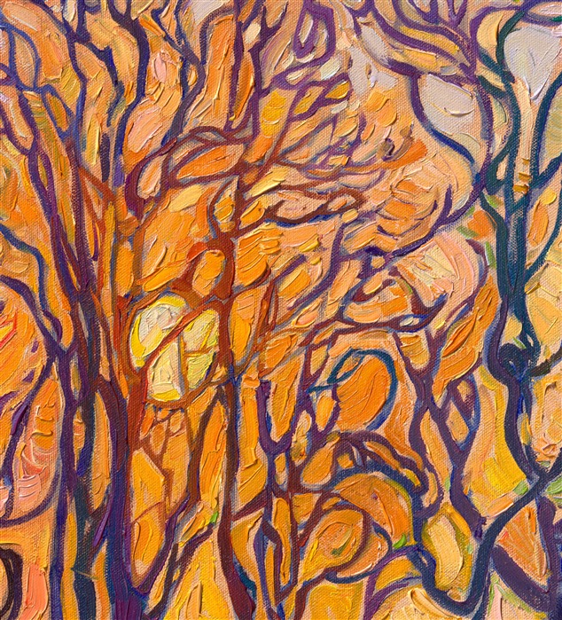 The sun sets behind enormous oak trees that grow along my property line in Oregon wine country. The creek bed reflects the shapes of their branches in the golden light of the setting sun. Thick brushstrokes of oil paint capture the colorful beauty of the scene.