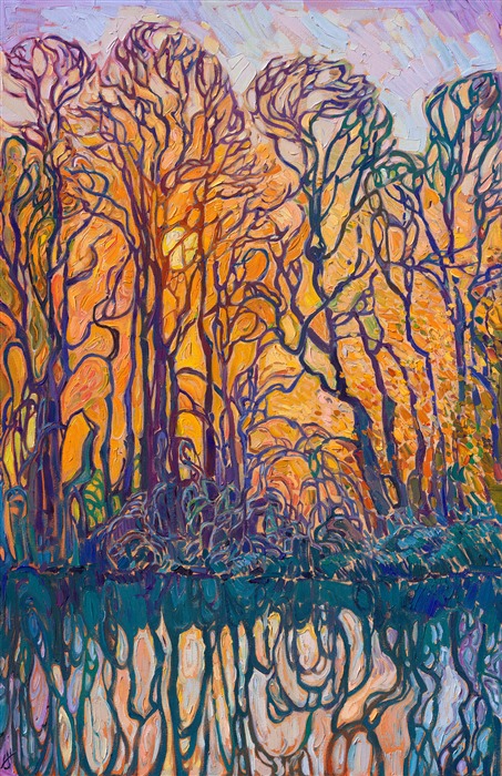 The sun sets behind enormous oak trees that grow along my property line in Oregon wine country. The creek bed reflects the shapes of their branches in the golden light of the setting sun. Thick brushstrokes of oil paint capture the colorful beauty of the scene.