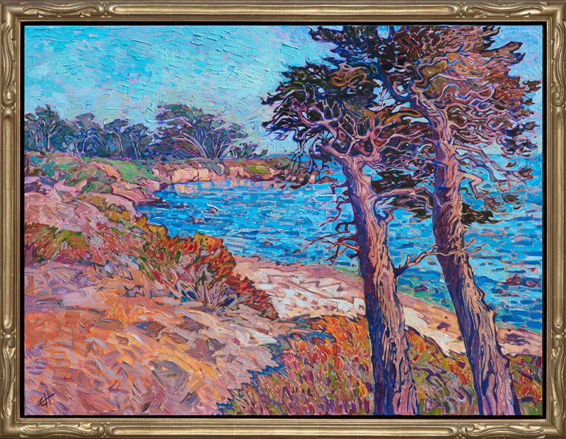 The stately cypress trees of the Monterey peninsula are a beautiful addition to the curving coastline and blue California skies. These wind-sculpted trees are captured here with thick, impressionistic brush strokes and vivid hues of oil paint.</p><p>This painting was created on 1-1/2" canvas, with the painting continued around the edges of the canvas. The piece has been framed in a gold floater frame and arrives ready to hang.