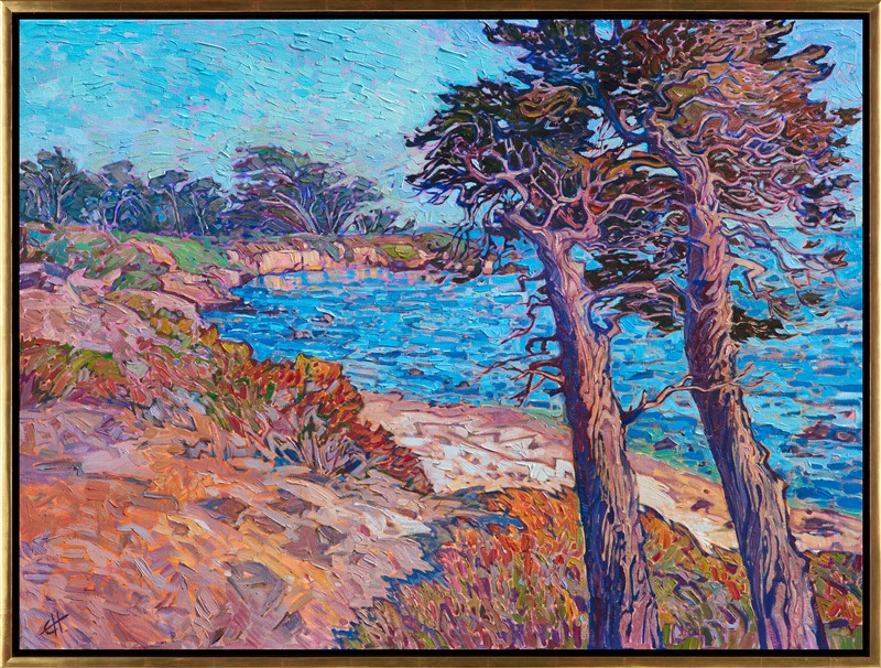 The stately cypress trees of the Monterey peninsula are a beautiful addition to the curving coastline and blue California skies. These wind-sculpted trees are captured here with thick, impressionistic brush strokes and vivid hues of oil paint.</p><p>This painting was created on 1-1/2" canvas, with the painting continued around the edges of the canvas. The piece has been framed in a gold floater frame and arrives ready to hang.