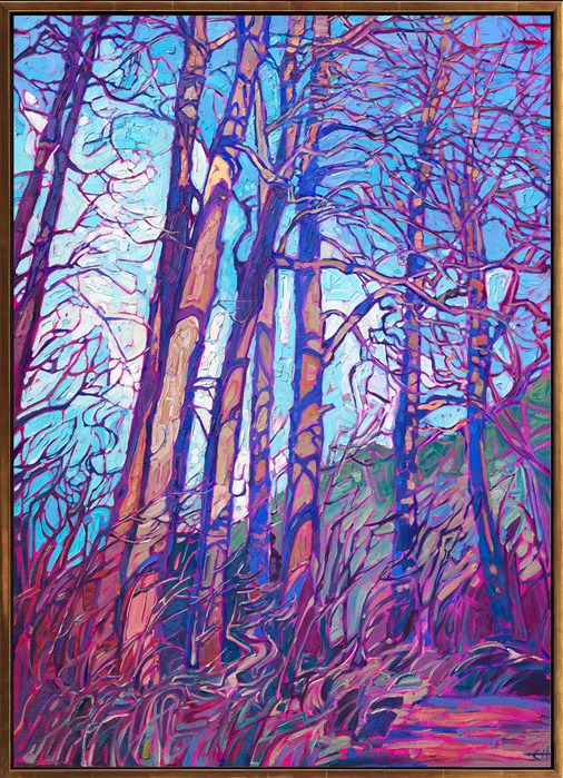 An interesting pattern of shadows drew me to this grove of trees, while I was out hiking in northern Montana. The late afternoon light created a beautiful warm glow on the trees' bark, which contrasted beautifully with the velvety purple shadows.</p><p>"Shaded Boughs" was created in Erin Hanson's signature style, known as Open Impressionism. The brush strokes are loose and expressive, thickly applied with vibrant color. The painting arrives framed in a contemporary gold floater frame, ready to hang.