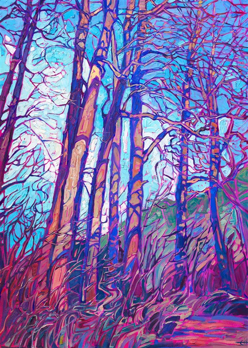 An interesting pattern of shadows drew me to this grove of trees, while I was out hiking in northern Montana. The late afternoon light created a beautiful warm glow on the trees' bark, which contrasted beautifully with the velvety purple shadows.</p><p>"Shaded Boughs" was created in Erin Hanson's signature style, known as Open Impressionism. The brush strokes are loose and expressive, thickly applied with vibrant color. The painting arrives framed in a contemporary gold floater frame, ready to hang.