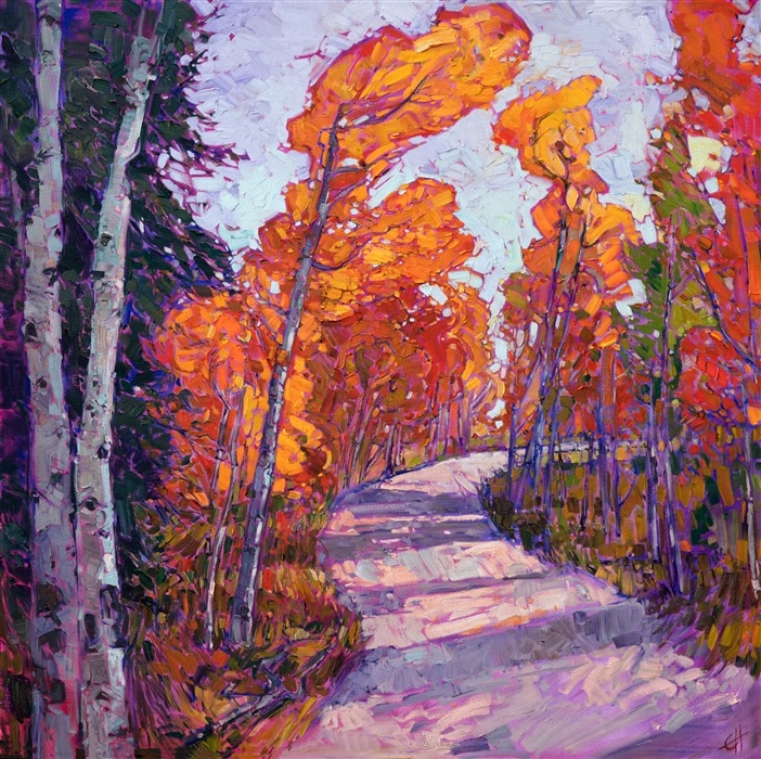 This painting captures the beauty of autumn in southern Utah with thickly applied oil paint and loose brush strokes.  The mosaic quality of the work gives the painting an almost abstract air, while still continuing the path of the classic impressionists.  This painting was inspired by hiking in Cedar Breaks National Park.</p><p>This painting has been framed in an Open Impressionist frame. Read more about the <a href="https://www.erinhanson.com/Blog?p=AboutErinHanson" target="_blank">painting's details here.</a><br/>