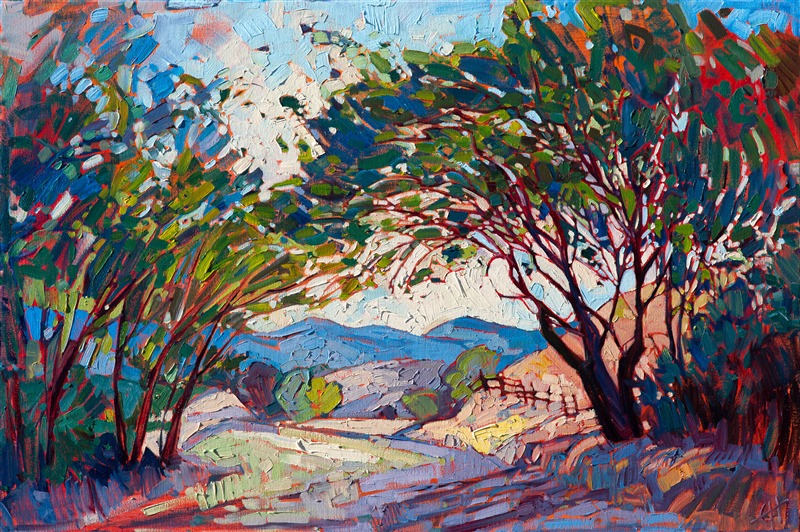 Paso Robles is a never-ending inspiration for landscape paintings. Each changing season brings a new range of colors, each day a new pattern of shadows and light.  Driving through Paso Robles, you never know what perfect idyllic scene will suddenly appear before you, as in this painting.