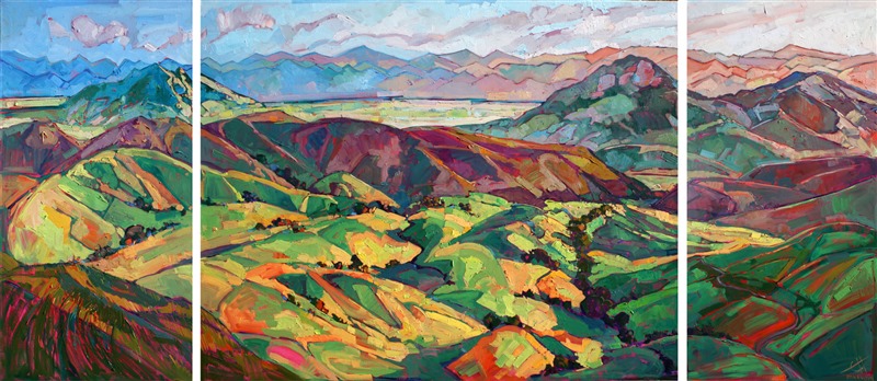 This painting captures the rainbow of colors that occur in central California, from canary yellow to apple green to pale lavender. This triptych painting is done on three separate canvases, with each canvas painted around all four edges to continue the image, creating a three-dimensional, modern look.
