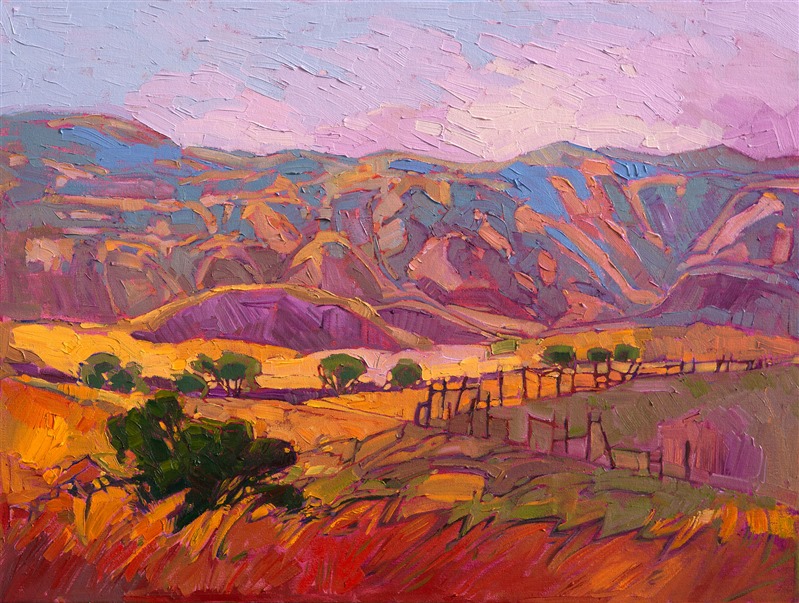 Rich golden browns and shades of violet meld together in this painting of central California.  The summer colors seem to glow with an inner light, while the thickly applied oil paint draws you through the landscape in a rhythmic motion.</p><p>This painting was created on a gallery-depth canvas with the painting continued around the edges. The painting will arrive in a beautiful hardwood floater frame, ready to hang.</p><p>Exhibited: "Impressions in Oil", Studios on the Park. Paso Robles, CA. 2015