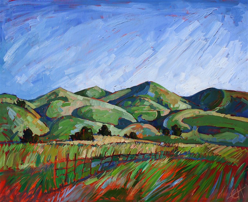 Warm, red undertones stand in contrast to the rich greens of this Paso Robles landscape. This expressionist painting captures the movement and unexpected color of the wide outdoors.</p><p>This painting was created on 2"-deep canvas, with the painting continued around the edges of the stretched canvas. It arrives ready to hang without a frame. </p><p>Collection of The Allegretto Vineyard Resort, Paso Robles, CA. 2015.