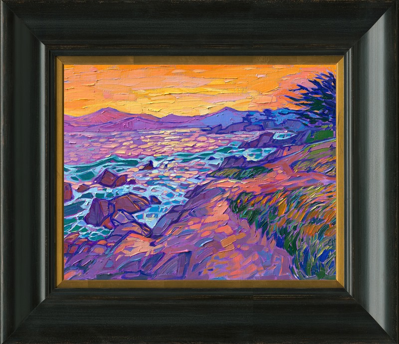 A warm sunset glow spreads over the landscape in this oil painting inspired by the Monterey coastline. The velvety hues of purple and aquamarine are a beautiful contrast to the warm sherbet hues.</p><p>"Sherbet Coast" was created on fine linen board, and the piece arrives framed in a gold plein air frame, ready to hang.