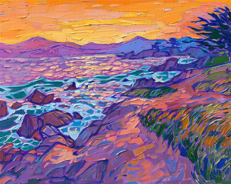 A warm sunset glow spreads over the landscape in this oil painting inspired by the Monterey coastline. The velvety hues of purple and aquamarine are a beautiful contrast to the warm sherbet hues.</p><p>"Sherbet Coast" was created on fine linen board, and the piece arrives framed in a gold plein air frame, ready to hang.