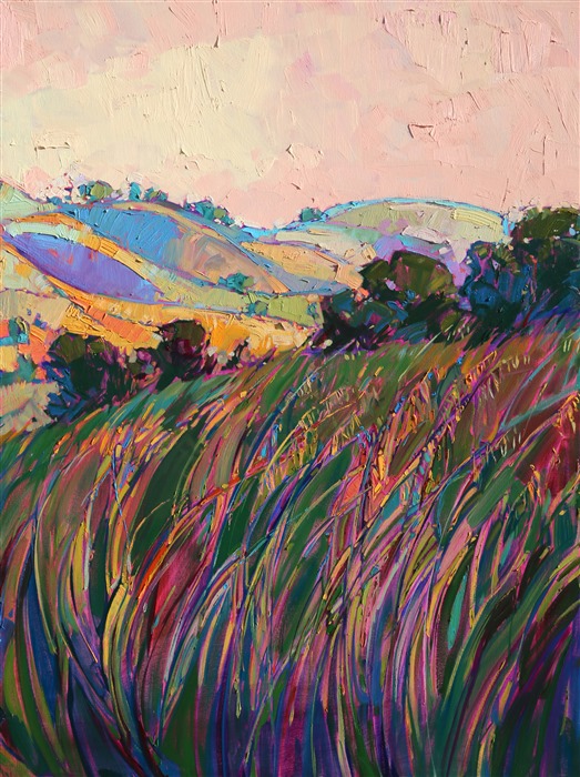 This is the full 8-paneled painting titled "Sherbet Hills in Hexaptych." This painting captures the wide panorama of Paso Robles in the warm light of sunset. The impressionistic brush strokes are loose and painterly.