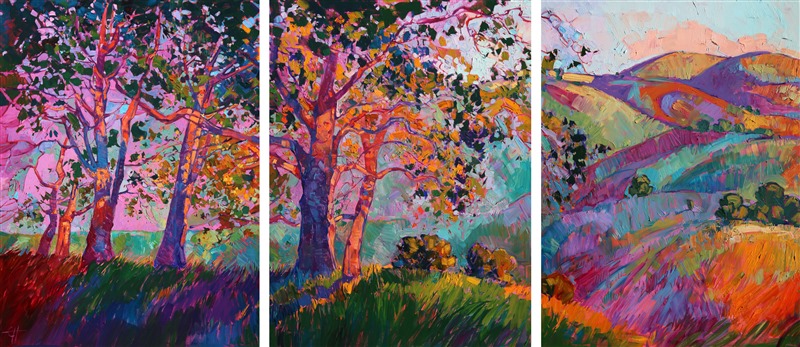 Paso Robles spreads across these three canvases in a continuous glow of color and texture. This painting is nine feet long, giving a stunning glimpse of California wine country. Each canvas panel is painted around the edges, creating a three-dimensional look that adds excitement to the painting.</p><p>This painting was created on three museum-depth canvases, with the painting continued around the edges of each stretched canvas. This painting was designed to hang without a frame. </p><p>(Tip for hanging triptych paintings: first hang the center panel, making sure it is very straight.  You can use standard OOK picture hanging hooks.  Next, hang the two side panels, spacing them 2-3 inches apart, and making sure the bottom edges line up with the center panel.  The eye tends to focus on the bottom horizontal edge of the painting, so make sure this is a straight line.)