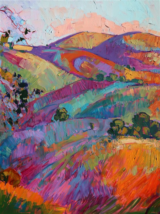Paso Robles spreads across these three canvases in a continuous glow of color and texture. This painting is nine feet long, giving a stunning glimpse of California wine country. Each canvas panel is painted around the edges, creating a three-dimensional look that adds excitement to the painting.</p><p>This painting was created on three museum-depth canvases, with the painting continued around the edges of each stretched canvas. This painting was designed to hang without a frame. </p><p>(Tip for hanging triptych paintings: first hang the center panel, making sure it is very straight.  You can use standard OOK picture hanging hooks.  Next, hang the two side panels, spacing them 2-3 inches apart, and making sure the bottom edges line up with the center panel.  The eye tends to focus on the bottom horizontal edge of the painting, so make sure this is a straight line.)