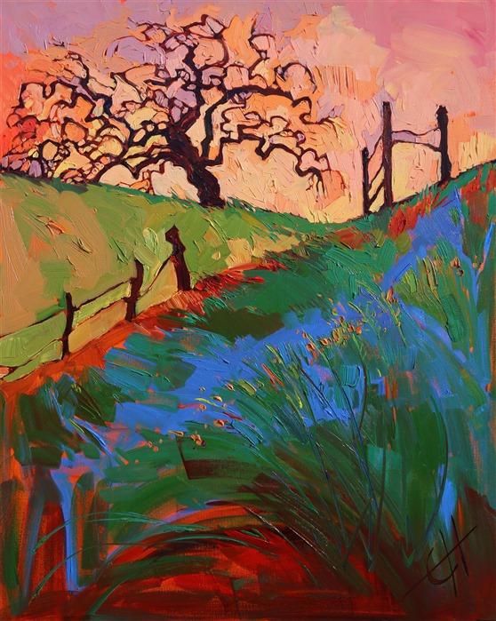 Sherbet orange colors grace the sky of this oak-topped hill in springtime. This painting is a good example of a common theme in Hanson's paintings of Paso: the somewhat ramshackle wooden fence, the only man-made object that appears in Hanson's paintings.</p><p>This painting was included in the exhibition <i><a href="https://www.erinhanson.com/Event/ContemporaryImpressionismatGoddardCenter" target="_blank">Open Impressionism: The Works of Erin Hanson</i></a>, a 10-year retrospective and study of the development of Open Impressionism at The Goddard Center in Ardmore, OK. 