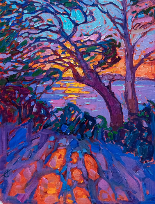 Abstract shapes of trees, shadows, and light interplay amongst contrasting hues of orange and blue. The painting captures the dramatic last rays of sunlight over a distant coastline.</p><p>"Sherbet Rays" was created on fine linen board, and the painting arrives framed in a gold plein air frame.