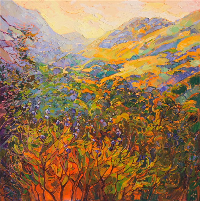 Warm colors of sherbet melt against cool lavender shadows and green oaks, in this oil painting of California wine country.  The impressionistic brush strokes capture the lively color of the outdoors with thick, impasto texture.  Each brush stroke is loosely applied, bringing to life a memory of beauty.</p><p>This painting was done on 1-1/2" deep canvas, with the painting continued around the edges of the canvas.