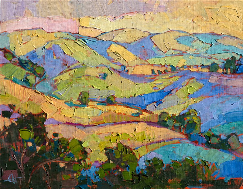 Rainbow sherbet colors of summer glimmer on these hills of Paso Robles wine country. The brush strokes are loose and impressionistic, capturing a fleeting impression of the landscape.</p><p>This small oil painting arrives framed and ready to hang.