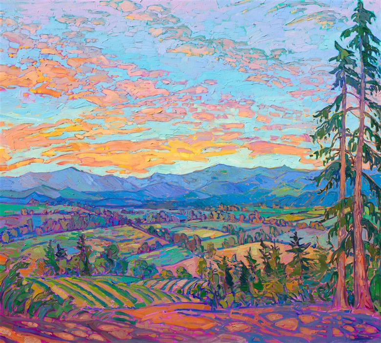 Oregon's Willamette Valley spreads out in expansive layers of color to the coastal range beyond. Thickly applied brush strokes of oil paint create a tapestry of color and texture across these triptych panels. This large painting captures the view of the valley from Sheridan's Delphian School, which sits atop a steep mountainside.</p><p>"Sheridan Vista" is an original oil painting created on gallery-depth stretched canvas. 