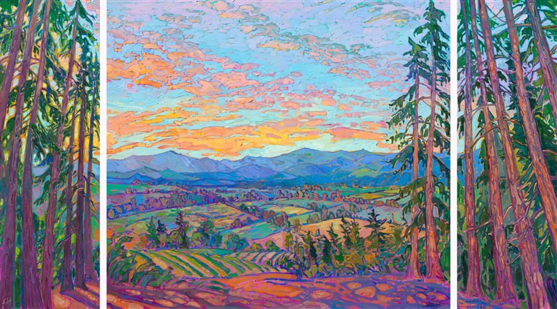 Oregon's Willamette Valley spreads out in expansive layers of color to the coastal range beyond. Thickly applied brush strokes of oil paint create a tapestry of color and texture across these triptych panels. This large painting captures the view of the valley from Sheridan's Delphian School, which sits atop a steep mountainside.</p><p>"Sheridan Vista" is an original oil painting created on gallery-depth stretched canvas. 