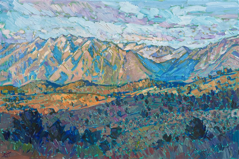 The eastern Sierras change color throughout the seasons, and the early winter months are some of the most beautiful. The mountain ranges have a dusting of snow that glimmer with subtle color changes. The foreground is drenched in rich hues of gold and copper, with green and purple shadows. Each brush stroke adds to the overall motion of the painting and the feeling you get standing outdoors in the crisp air.</p><p>This painting was done on 1-1/2" canvas, with the painting continued around the edges of the canvas, and it has been framed in a custom-made gold floater frame. The painting arrives ready to hang.