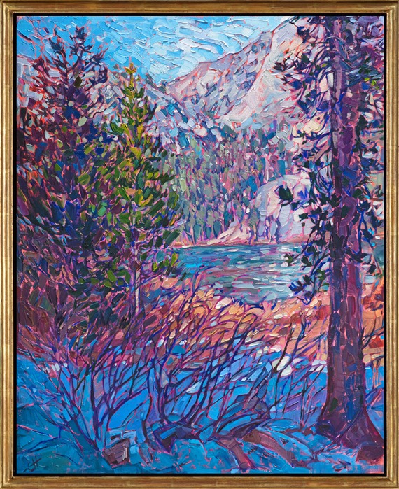 Last year I was backpacking with my brother in the Eastern Sierras. While hiking through the alpine lakes I was struck by the crystal blue reflections of the sky in the water. I love the way the shadows in the snow capture the vivid aquamarine blue of the sky. This painting was created using loose, impressionistic brush strokes with thickly applied oil paint. </p><p>This painting was done on 1-1/2" canvas, with the painting continued around the edges of the canvas, and it has been framed in a custom, gold-leaf floater frame. The painting arrives ready to hang.