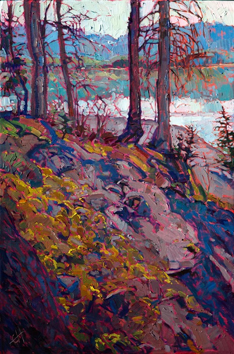 Backpacking in the Sierras during November was well worth braving the sub-freezing weather. The alpine lakes were amazing (some were even frozen over) and the snow-dusted landscape was starkly beautiful. This painting of pine trees near the side of the trail looks out onto a sheltered peak at one of the crystal blue-green lakes.</p><p>This painting was created on a gallery-depth canvas with the painting continued around the edges. The painting will arrive in a beautiful hardwood floater frame, ready to hang.</p><p>Exhibited: St George Art Museum, Utah, in a solo exhibition celebrating the National Park's centennial: <i><a href="https://www.erinhanson.com/Event/ErinHansonMuseumShow2016" target="_blank">Erin Hanson's Painted Parks</a></i>, 2016.