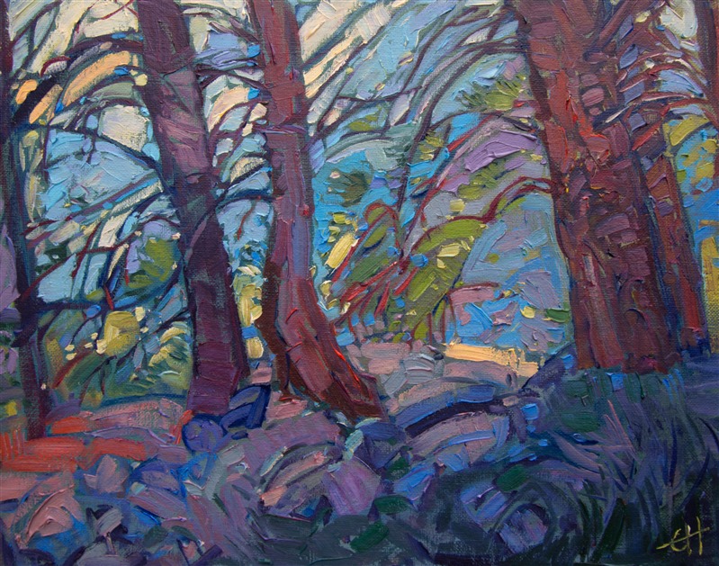 California pines capture the early morning mist in their high branches. The cool tones of the painting capture the frigid morning air.</p><p>This painting arrives framed in a gold plein air frame, ready to hang.