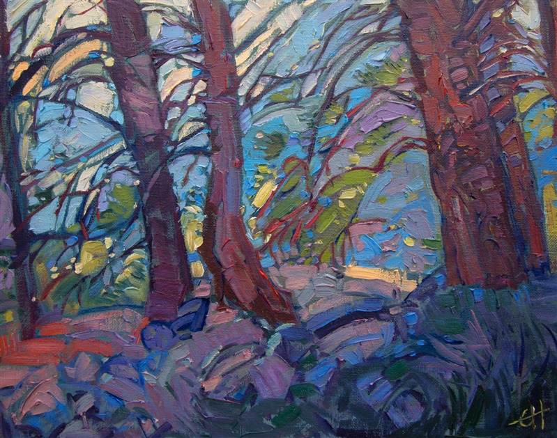 California pines capture the early morning mist in their high branches. The cool tones of the painting capture the frigid morning air.

This painting arrives framed in a gold plein air frame, ready to hang.