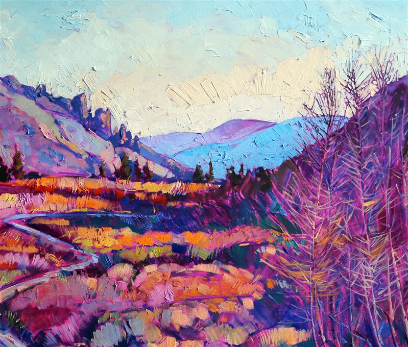 Backpacking in the eastern Sierras, Hanson found the ragged mountains, winter colors, and long shadows an endless source of inspiration!  The painting is full of loose, impressionistic brush strokes, capturing the fleeting late afternoon color of the high Sierras.</p><p>This painting was created on 2" museum-depth canvas, with the painting continued around the edges of the stretched canvas. It arrives ready to hang without a frame. (Please contact the artist if you would like information on framing options for this painting.)</p><p>Featured on Saatchi Art's Best of 2015.  