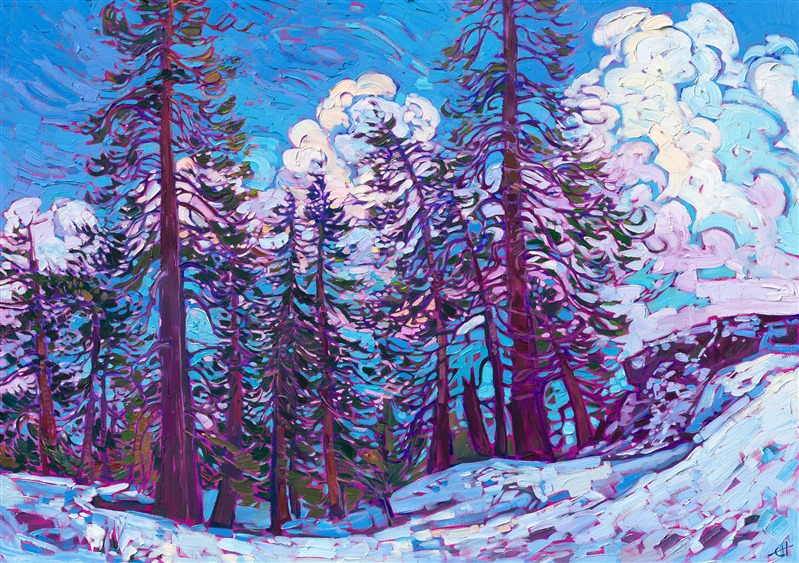 High up in the Sierras, between Yosemite and Lake Tahoe, the rugged mountains remain covered in snow. These stately pine trees stand alone at the top of the world, overcoming the elements to gaze down across the snow-covered vista.</p><p>"Sierra Snows" was created on 1-1/2" canvas, and the painting arrives framed in a burnished silver floating frame, hand-made for this piece.