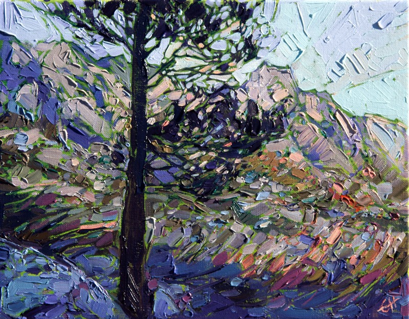 The Sierras are truly a monument to why we should be preserving our National Parks. The stately pines, surrounded by dramatic alpine peaks and turquoise-colored lakes, stand tall in their protected surroundings.  This oil painting brings to life the great outdoors with loose brushstrokes and vivid color.

This painting was created on a 3/4"-deep canvas. It has been framed in a classic, museum-quality frame and arrives ready to hang.

Exhibited: St George Art Museum, Utah, in a solo exhibition celebrating the National Park's centennial: <i><a href="https://www.erinhanson.com/Event/ErinHansonMuseumShow2016" target="_blank">Erin Hanson's Painted Parks</a></i>, 2016.