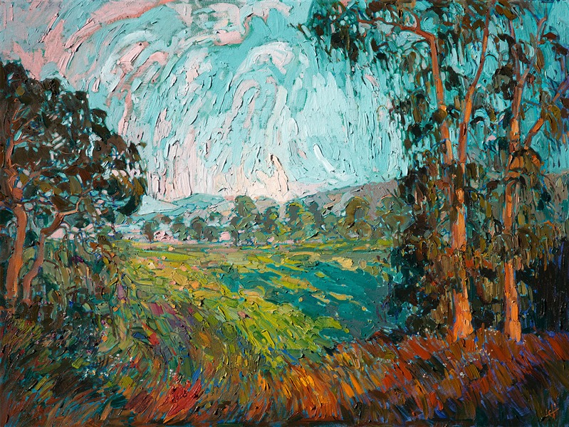 Impasto brush strokes carve lively abstract shapes in the landscape, in this original oil painting.  The northwestern colors are subtle but vibrant, the green pastures pulling you deeper into the canvas.  Early morning light hits the trees in the foreground, making them glow warm and red.</p><p>This painting was created on a gallery-depth canvas with the painting continued around the edges. The painting arrives in a beautiful hardwood floater frame, ready to hang.