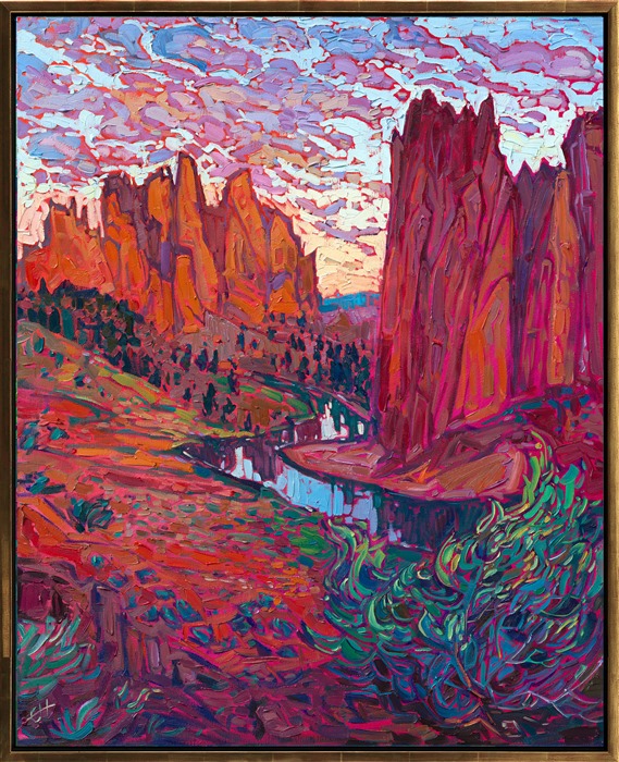 Smith Rock, Oregon, is captured in an impressionistic painting filled with light and color. The textured brush strokes are thickly applied, adding a sense of movement to the piece. </p><p>"Smith Rock II" is an original oil painting by Erin Hanson. The painting arrives framed in a contemporary gold floater frame, ready to hang.