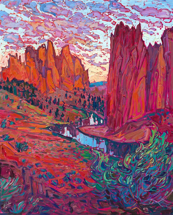 Smith Rock, Oregon, is captured in an impressionistic painting filled with light and color. The textured brush strokes are thickly applied, adding a sense of movement to the piece. 

"Smith Rock II" is an original oil painting by Erin Hanson. The painting arrives framed in a contemporary gold floater frame, ready to hang.