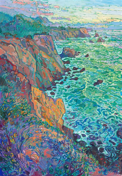 Looking southward from a high bluff in Mendocino County, I watch crashing waves and swirling turquoise waters as far as I can see. The rocky coastline of Northern California, dotted with sea stacks and steep cliffs, is a landscape painter's dream. I used a limited palette of five colors to capture the rich hues of this coastal scene. I try not to overlap my brush strokes when I paint, which gives my brush strokes a highly textured, painterly feel.